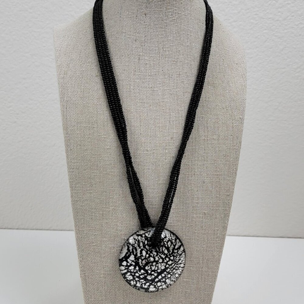 Vtg. Dichroic Glass Pendant Black Seed Bead Necklace Sterling Silver Spring Ring